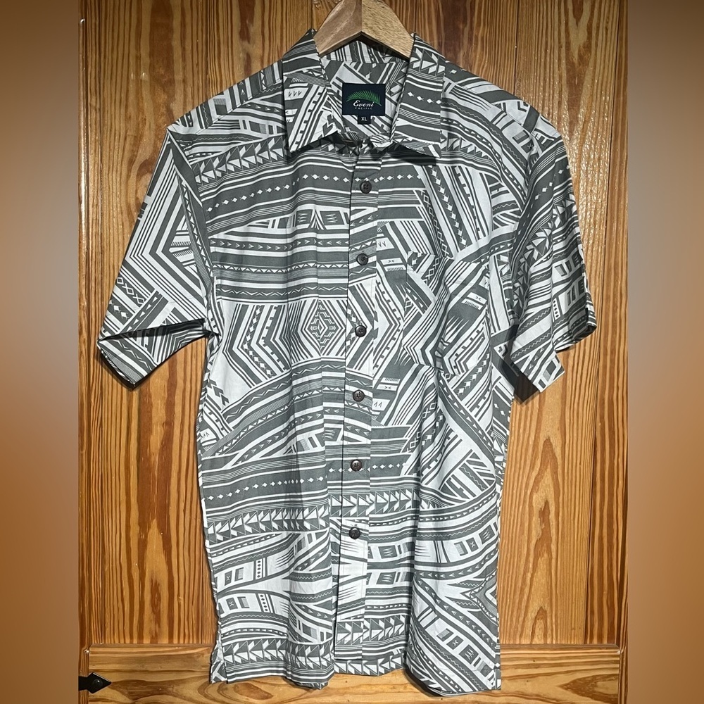 NEW Eveni Pacific Green/Gray Tribal Elei Short Sleeve Camp Shirt 100% Cotton